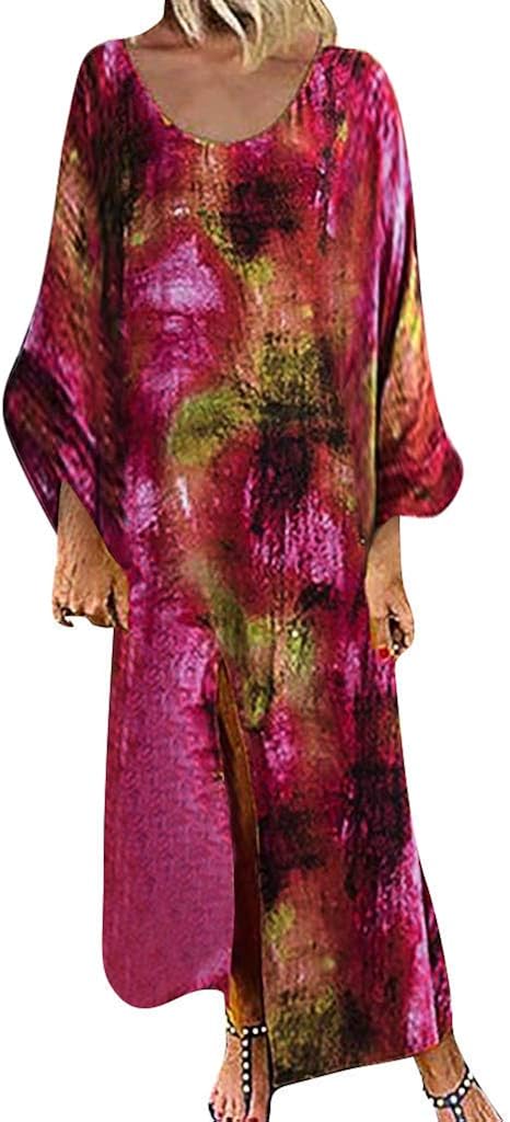 Alangbudu Women Side Split Retro Tie Dyeing V Neck Long Sleeve Casual Swing Loose Shift Maxi Baggy Ankle-Length Dress