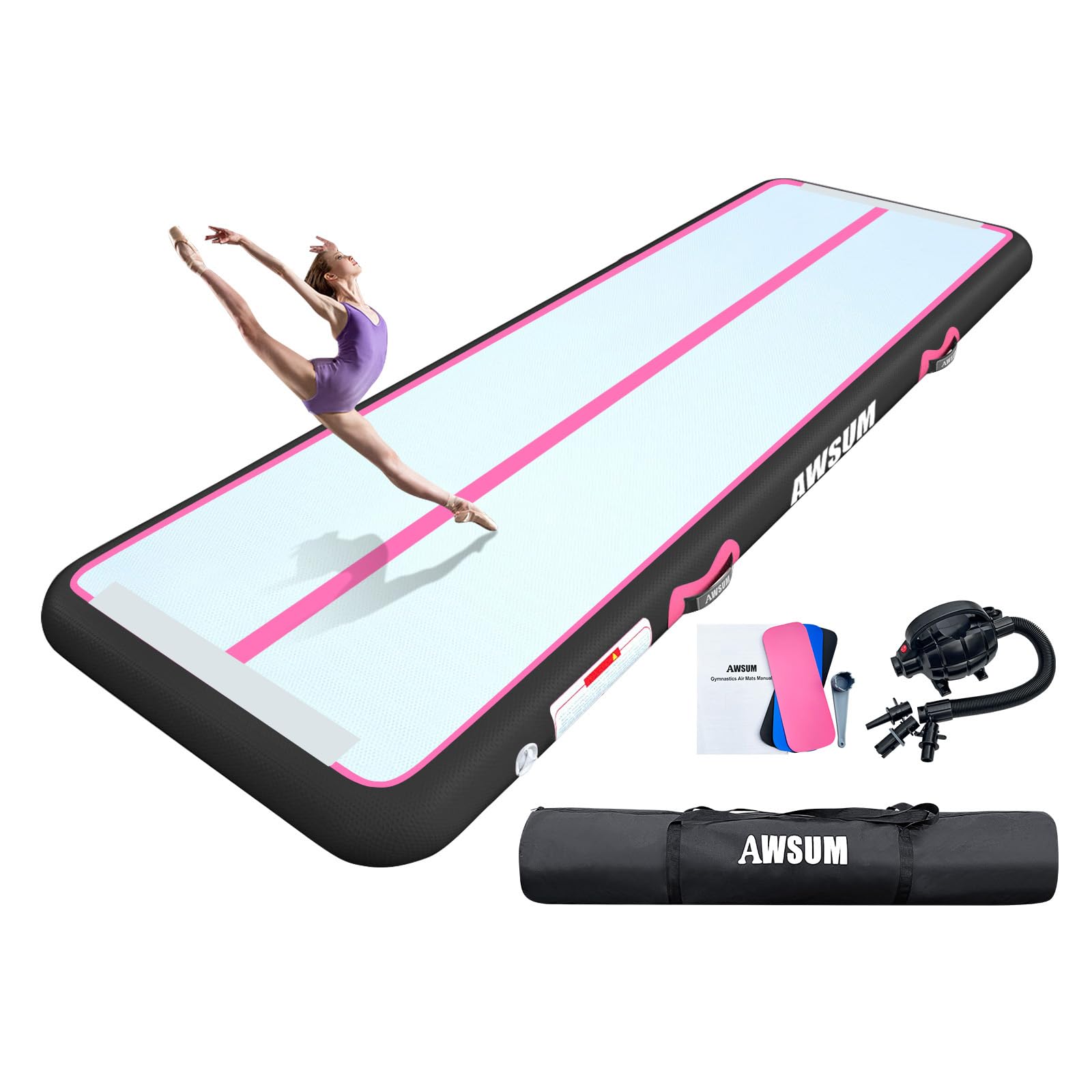 AWSUM 13ft x 6.6ft x 8inches Air Mat Inflatable Gymnastics Mats Tumbling Track with Electric Air Pump for Gym/Cheerleading/Yoga/Home use Image