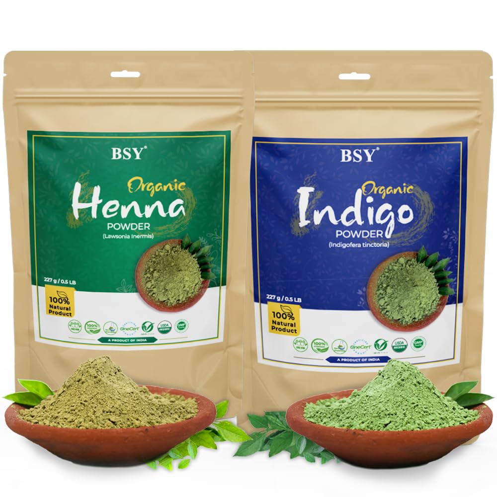BSY Organic Indigo Powder & Henna Hair Color Combo Kit - Natural Hair Color, Hair Care - 227g Each