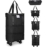 VOOWO Rolling Duffle Bag with Wheels, Expandable Foldable Duffle Bag for Travel, Rolling Under Seat Luggage Carry on Duffel Bags, Wheeled Travel Duffel Weekend Bags, Capacity 18L to 40L (Black)