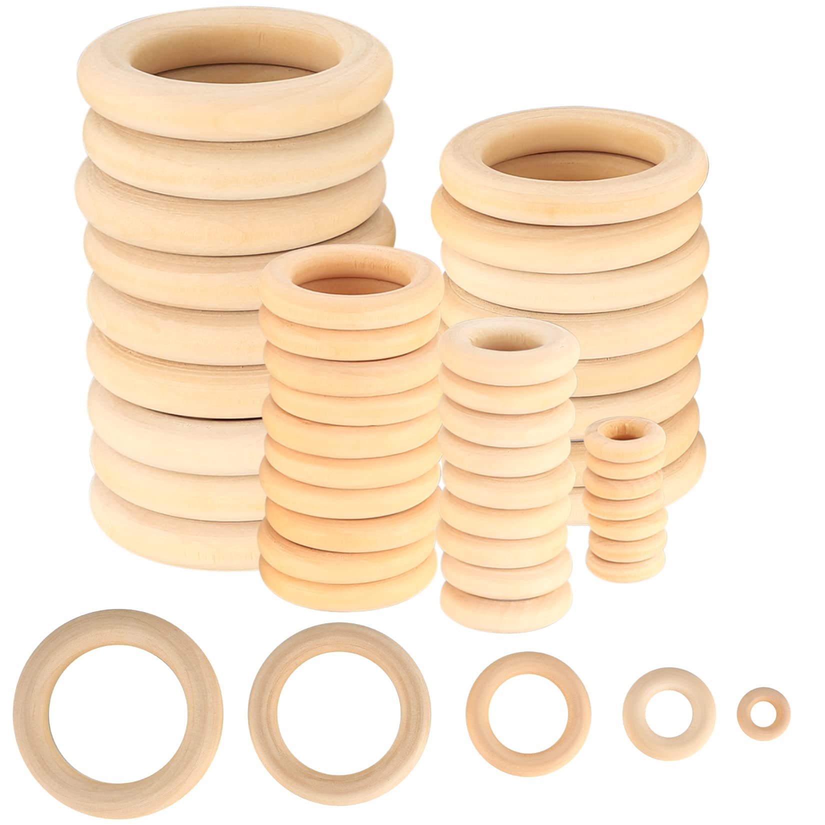 90 Pcs Natural Wooden Rings - Unfinished Teething Rings for DIY Jewelry Making, Pendant Connectors - 15mm, 25mm, 35mm, 45mm, 55mm