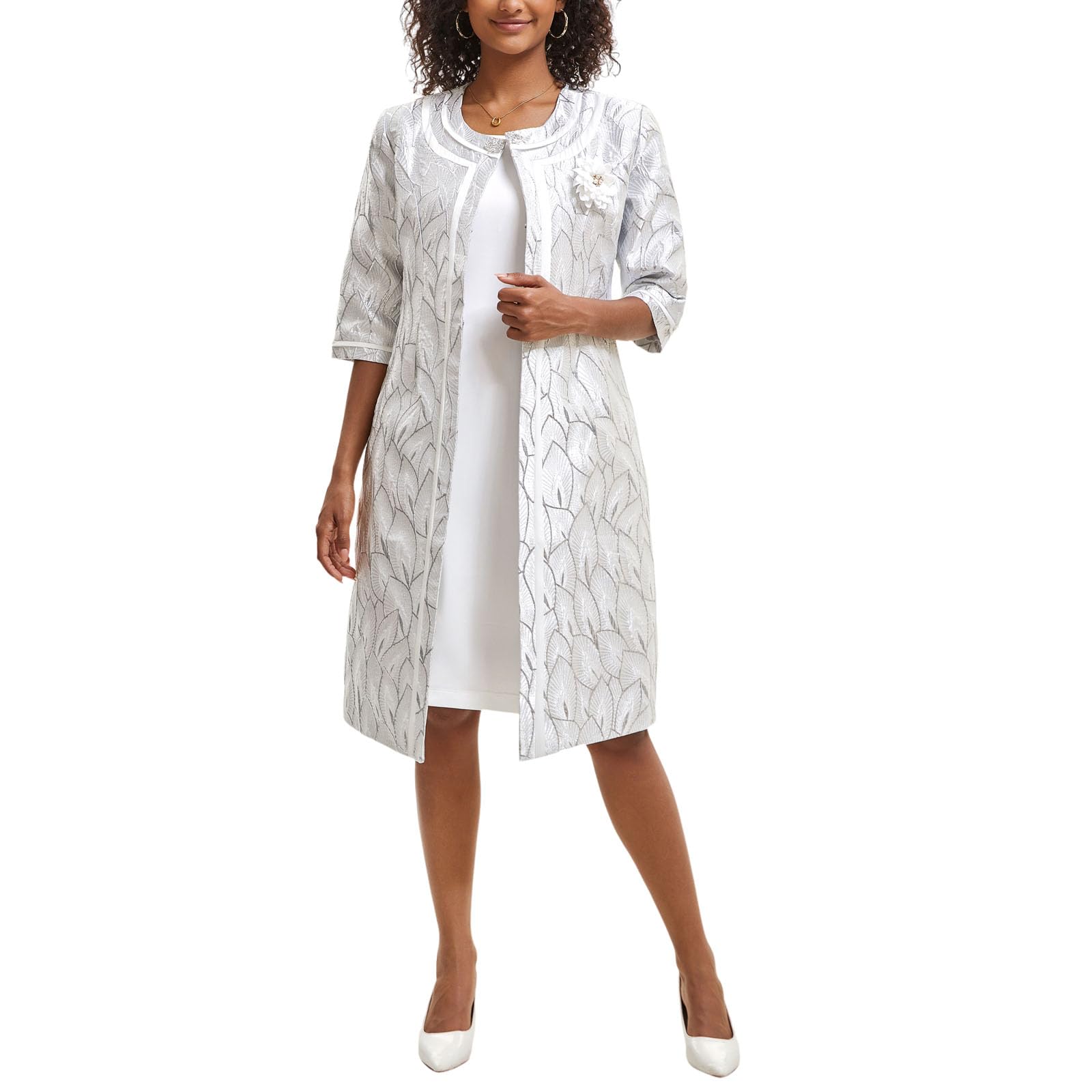 Photo 1 of Women's Formal Church Dress Suit with Embossed Embroidery Long Jacket Church Set for Special Occasions or Wedding Parties White