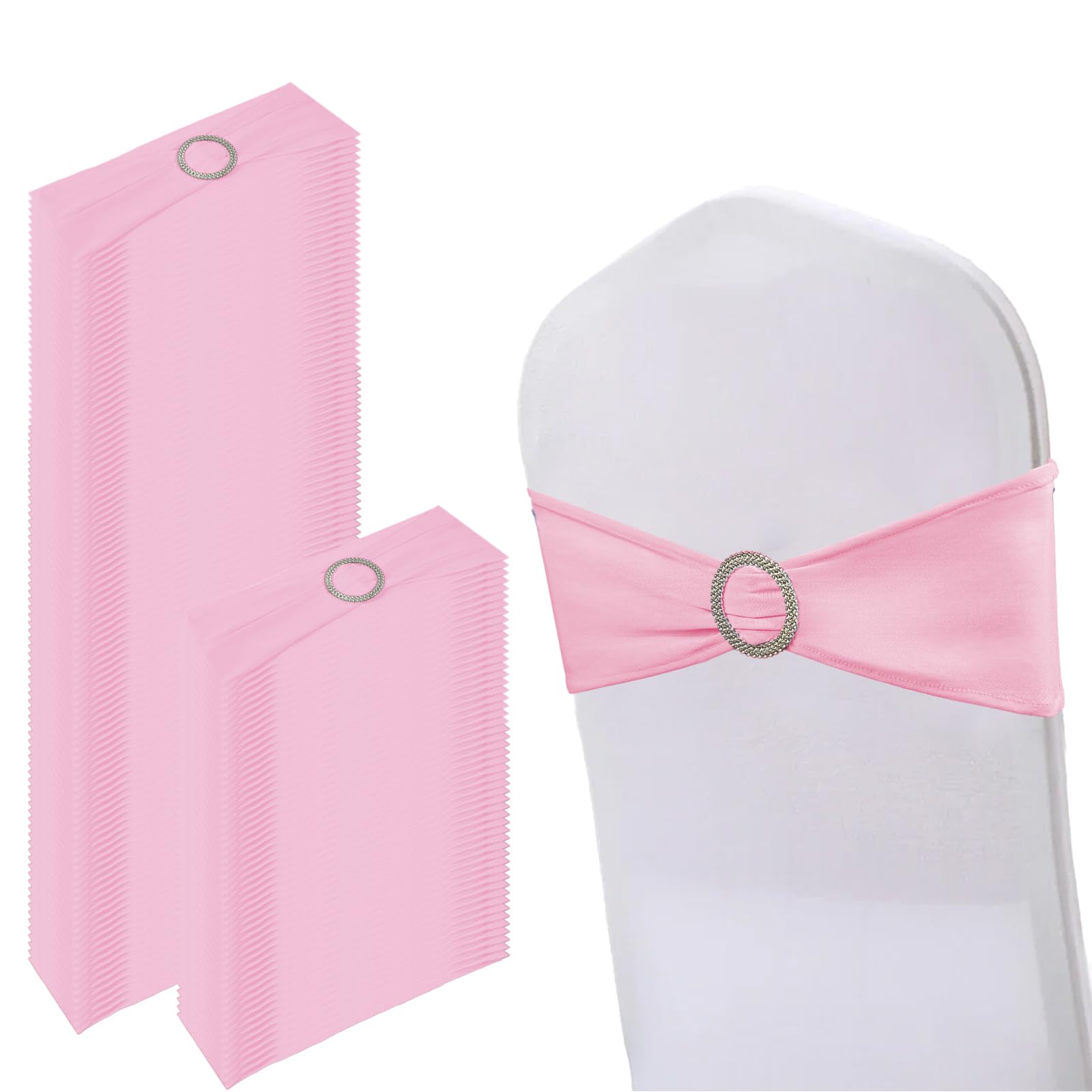 Photo 1 of 150 Pack Spandex Stretch Chair Sashes Bows, Elastic Stretch Chair Cover Bands Ties with Buckle Slider for Wedding Party Ceremony Reception Event Banquet Decoration (Pink)