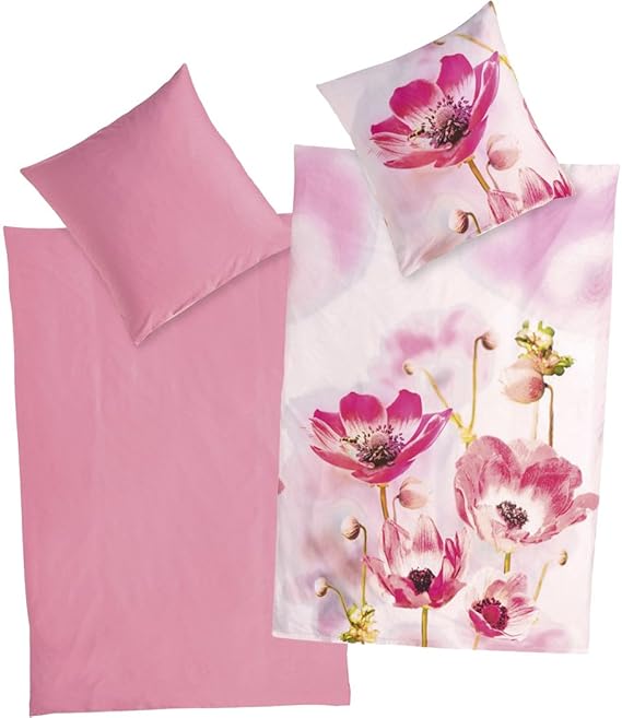 MERADISO® Baumwoll-Satin-Bettwäsche mit hochwertigem Foto-Digitaldruck (155 x 220 cm, Floral / pink)