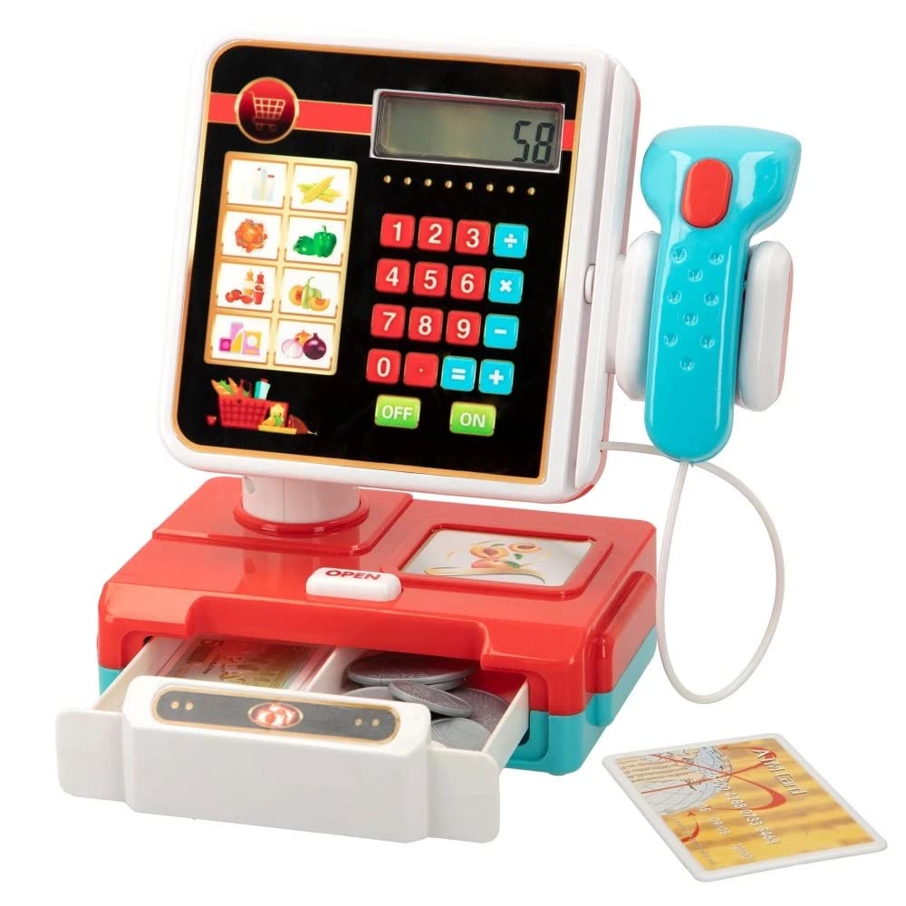 The Magic Toy Shop Kids Electronic Cash Register Toy - Working Calculator, Scanner Lights & Sounds, Play Money, Supermarket Fun - Grocery Shop Role Play, Toddlers, Learning Math, 3+