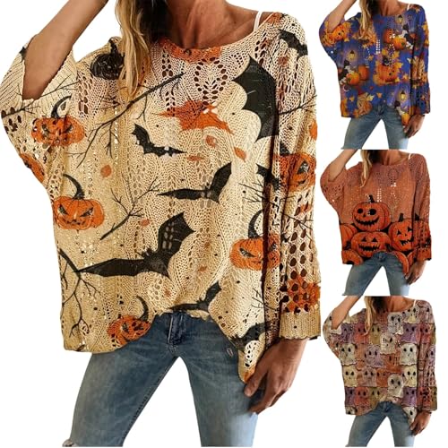 Womens Jumpers, Women's Jumpers Oversized Halloween Crewneck Knitted Pullover Long Sleeve Elegant Lightweight Tops Comfy Casual Sweatshirts L Khaki