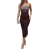 FEOYA Women's Summer Strapless Maxi Dress Wedding Guest Cocktail Mesh Tube Dresses Side Slit Ruched Vacation Outfits