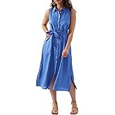 Amazhiyu Womens Pure Linen Summer Button Down Midi Dresses with Pockets and Belt