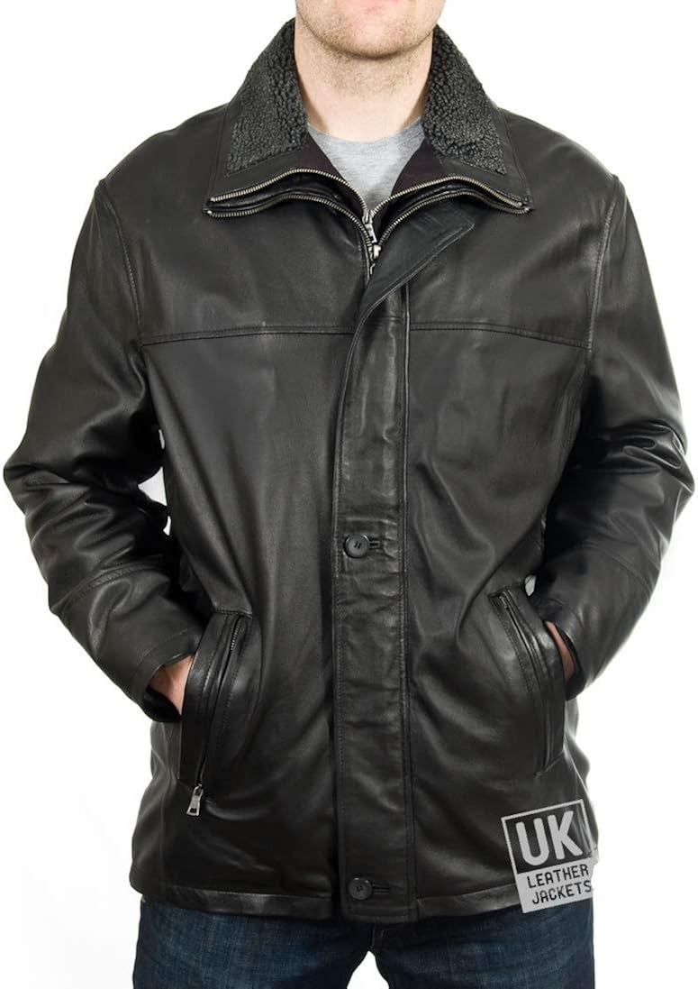 Mens Black Leather Hip Length Jacket Removable Fleece Collar