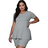 YeGine Women Plus Size 2 Piece Outfits Casual Short Sleeve Tunic Tops Shorts Sets Oversized Summer Sweat Suits Tracksuit