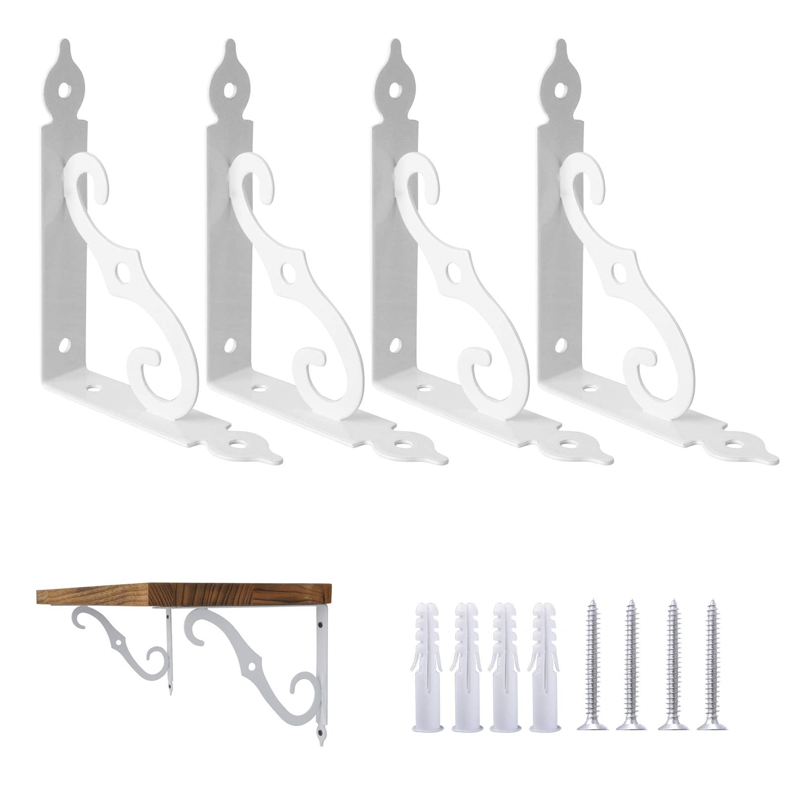 Ouvin Decorative Wall Brackets 4 Pack Retro Black White Heavy Duty L Corner Brace Shelf Support Floating Metal Brackets with Screws (140 mm/5.5 inch) White