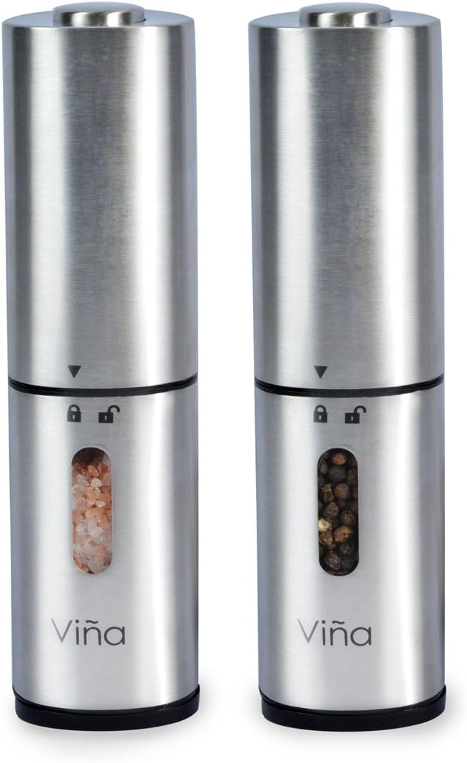 Vina Electric Salt and Pepper Grinder Set - Battery Operated, Stainless Steel, Automatic Pepper Shaker Mill with Led Light and Adjustable Coarseness for Flavor & Seasoning, Pack of 2