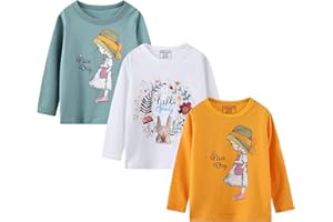 HILEELANG Girl Long Sleeve Shirts Christams Tops Tees Cotton Casual Stripe Crewneck Graphic Jersey Tunic T-Shirts 3 Packs Sets