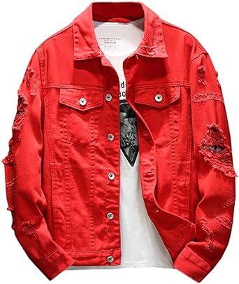 red distressed denim jacket