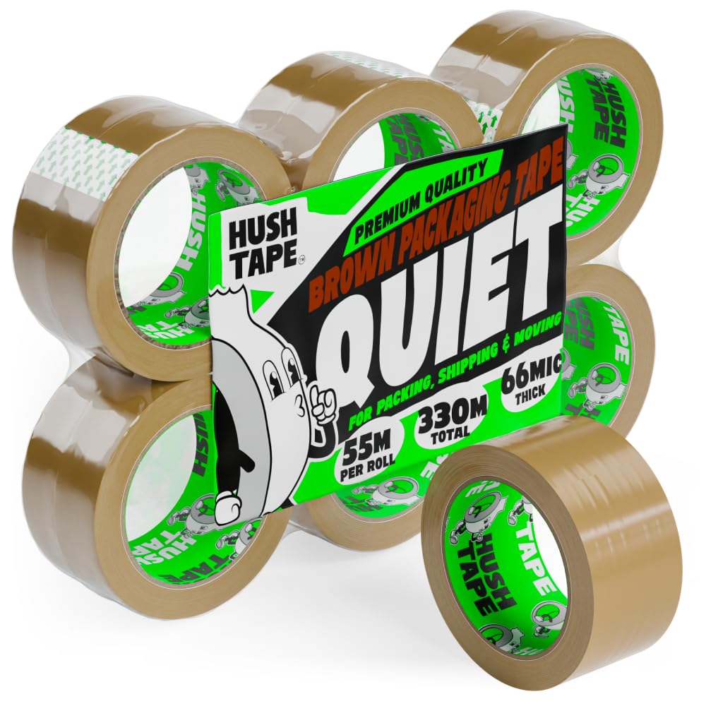 Hush Tape Heavy Duty Low Noise Brown Packing Tape - Strong Parcel Tape for Packing Boxes, Shipping, and Moving, 48mm x 55m, 66 Micron - 6 rolls