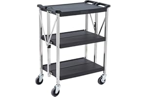 3-Tier Collapsible Service Cart, 300 LBS Foldable Utility Service Cart with Wheels, Portable Tool Cart for Kitchen, Home, Gar