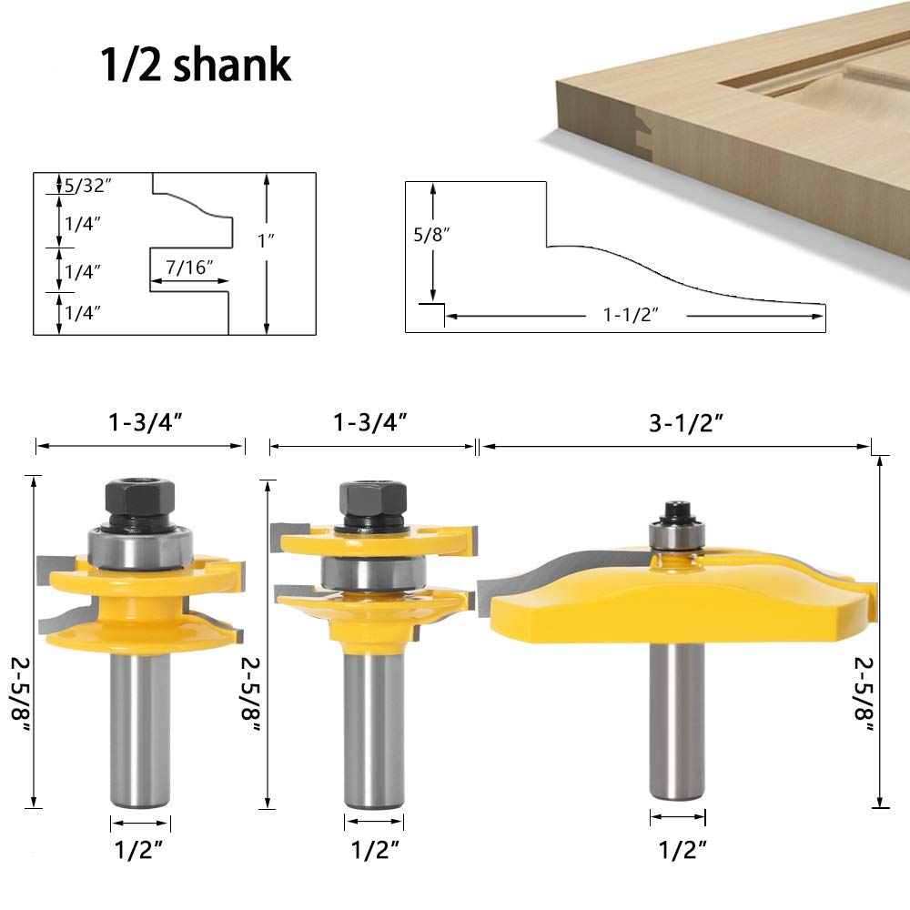 DBoyun 3PCS 1/2'' Shank Ogee Rail & Stile Router Bit Cove Raised Panel Tools Sets Kit Woodworking Chisel Cutter Tool Set: Industrial & Scientific