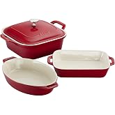 STAUB Ceramic 4-pc Baking Pans Set, Casserole Dish with Lid, Brownie Pan, Cherry