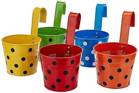 Kraft Seeds Metal Designer Round Shaped Dotted Gardening Railing Planters (Green, Yellow, Orange, Red, Blue) - Pack of 5