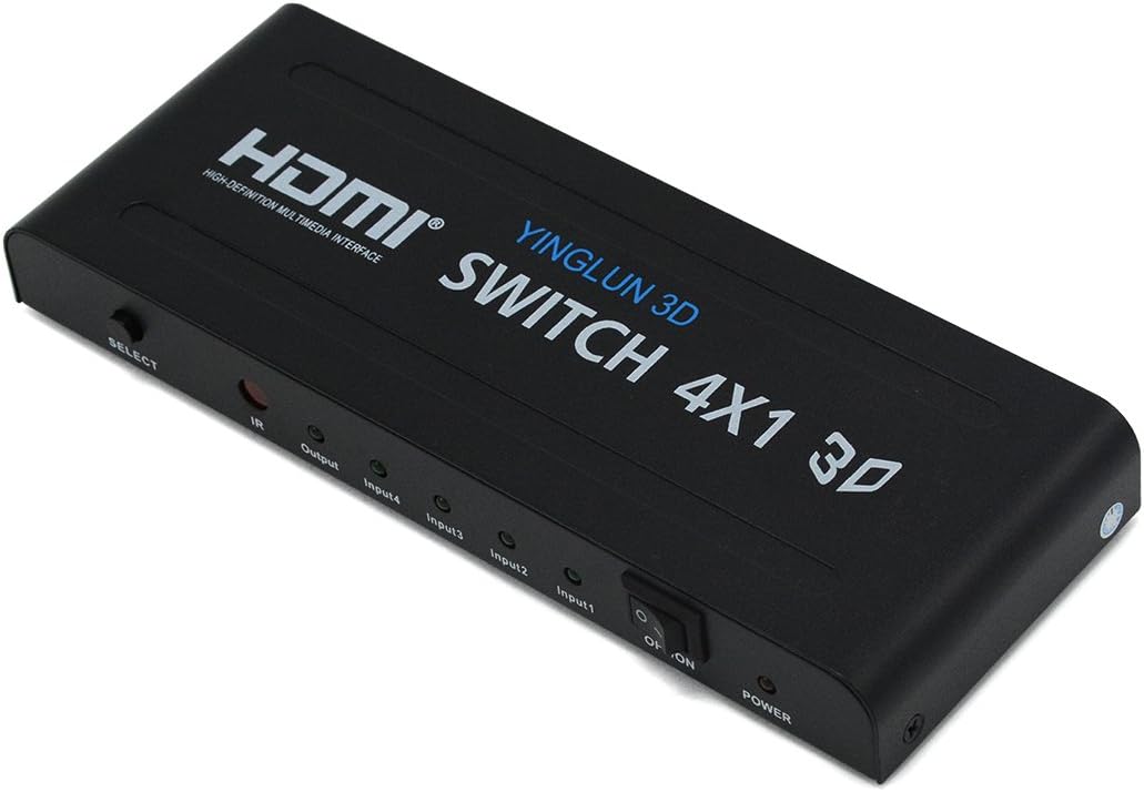 YINGLUN 4x1 HDMI Switch 1080P Switcher 3D with IR Remote Control Power Adapter Perfect for home Theater DVD Players Satellite Receivers Digital Projectors A/V Receivers Set top Boxes