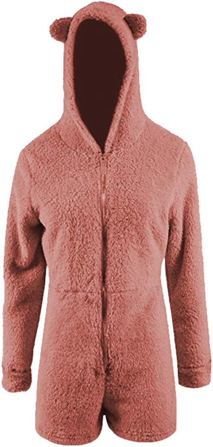Okvpajdo Women Sherpa Fleece Pajama Suit Hooded Cute Bear Ears Long Sleeve Zipper Short Jumpsuit Sleepwear Romper