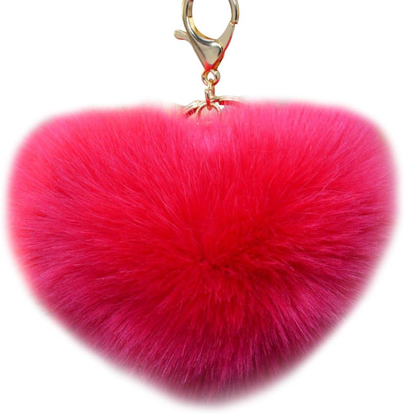 Keychain, LCHULLE Super Cute Fluffy Keyring Lovely Faux Fur Heart Ball Keychain Charm Pom Pom Key Buckle Hanging Handbag Plush Pendant Key Ring for Girls Ladies-Hot Pink