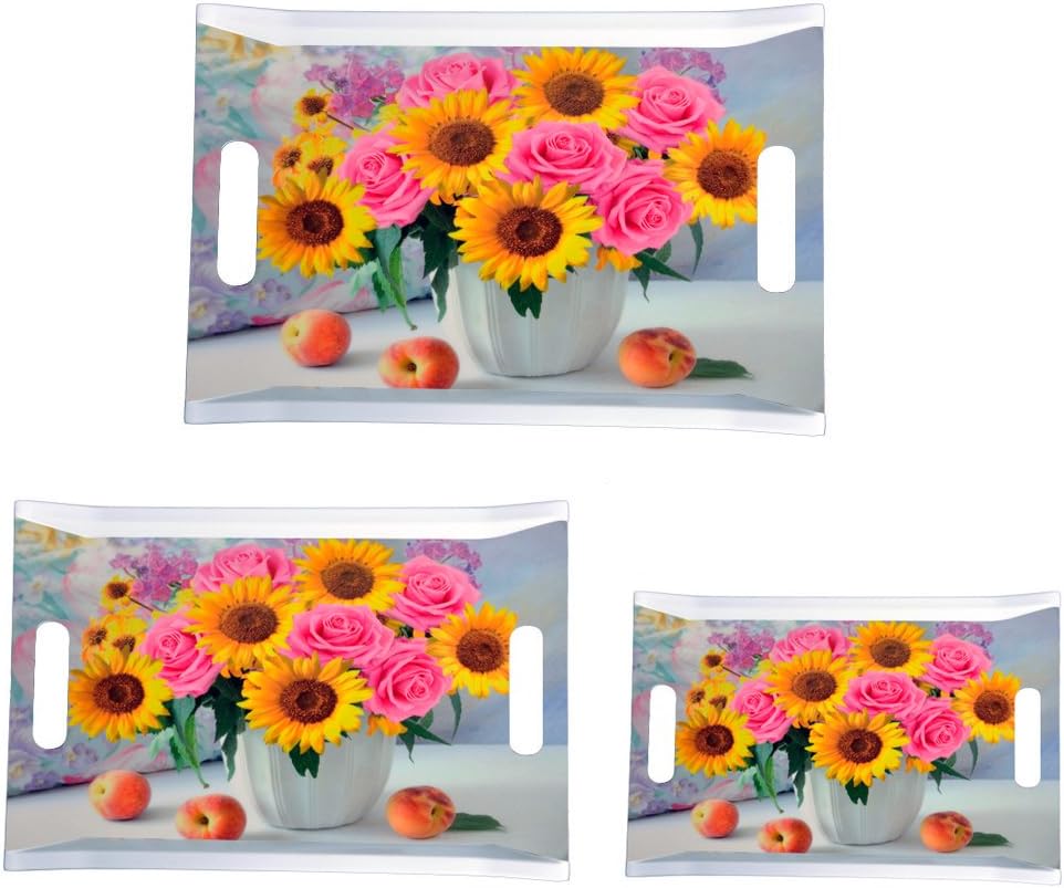 Utensza Melamine Square Rose Sunflower Serving Tray (Multicolour, Large, Medium and Small) - 3 Pieces
