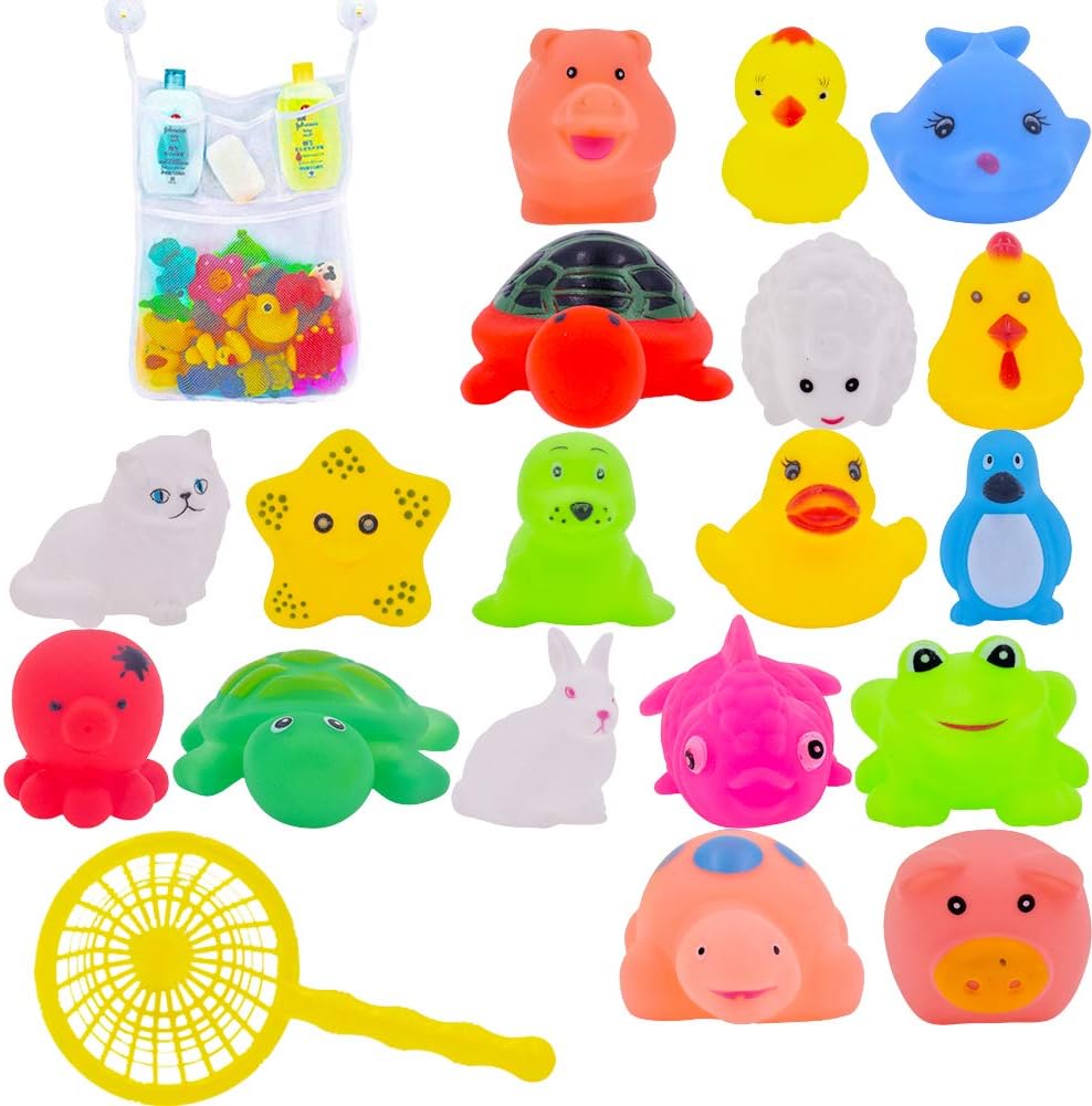 10Pcs/Set Floating Funny Animal Themed Bathtub Toys with Fishing Net & Bathroom Storage Hanging Organizer Mesh Bag for Baby (Random Style)