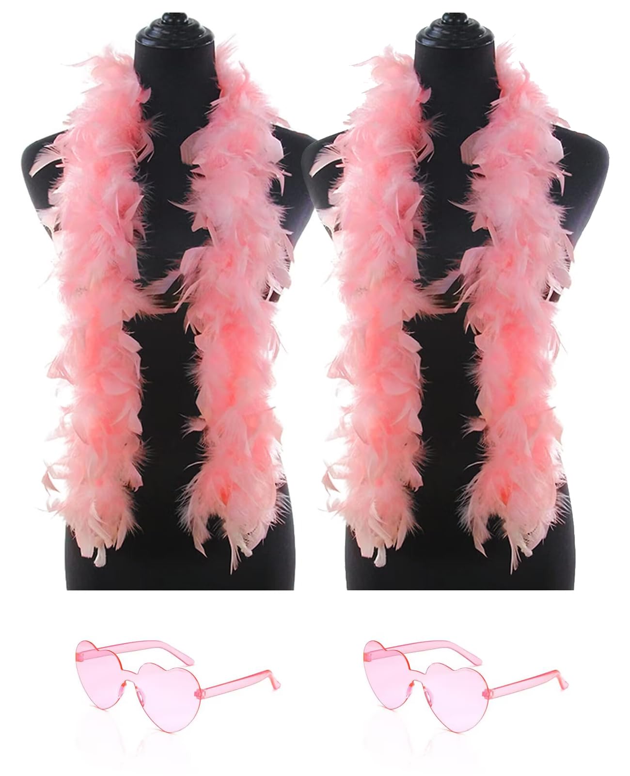 db11 2 Pcs Feather Boas with Heart Rimless Sunglasses，4 ft Feather Boa Halloween Christmas Bachelor Party Pack Accessory (Peach Pink)
