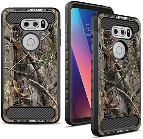 LG V30 Case, MyGotec [Slim Fit] Shockproof Soft Silicone Carbon Fiber Dual-Layer Durable Armor Case - Woods