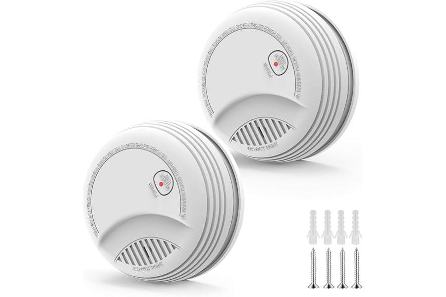 Photoelectric Smoke Detector with 9V Battery Included Smoke Alarm, 10-Year Sensor, Test/Silence Button, Low Battery Warning, Easy Mount, 2 Pack Fire Alarm for Home Bedroom Living Room