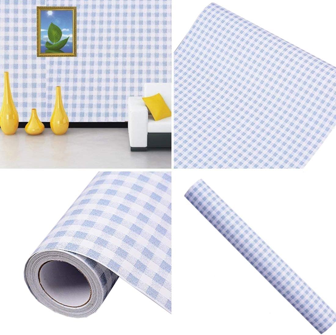 Blue Gingham Adhesive Decorative Contact Paper Laminate Shelf and Drawer Liner 17.7x78 Inch, 45W x 198L cm