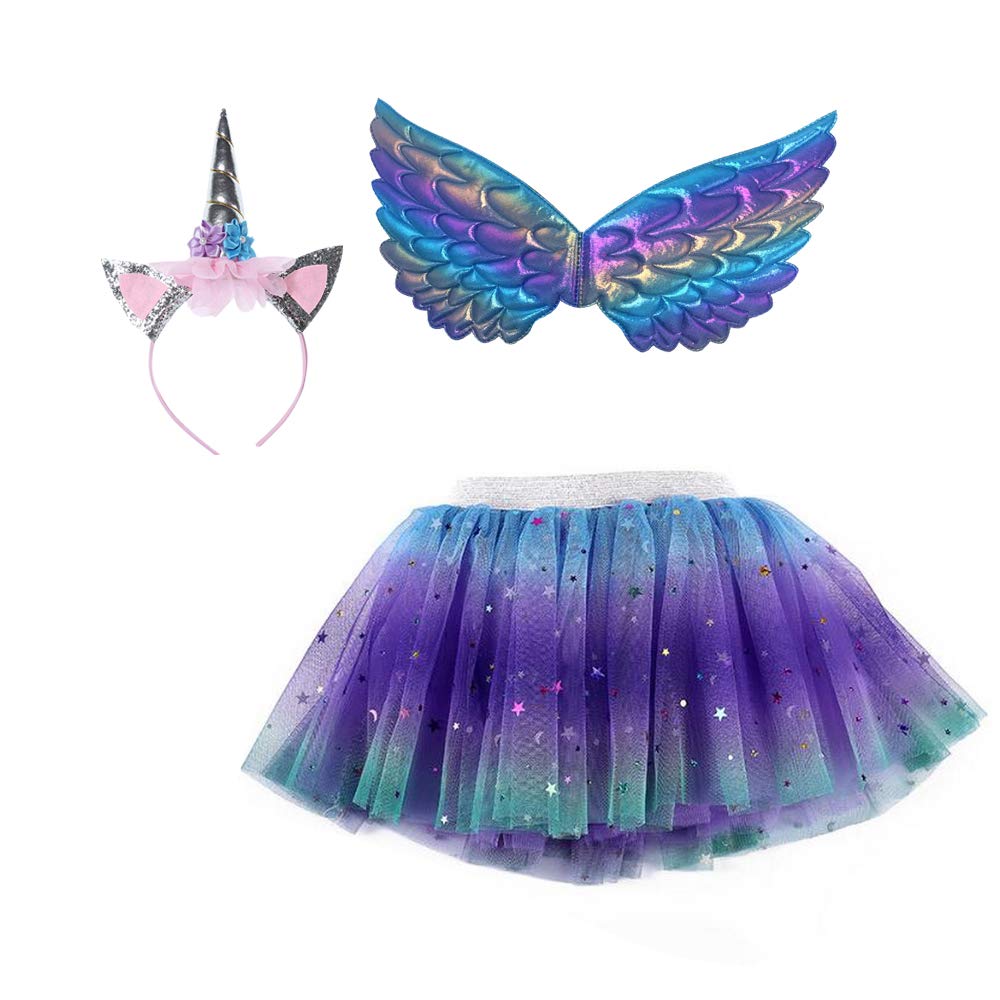 yeesn Girls Fairy Tutu Dress Costume With Unicorn Headband Wings Kids Halloween Party Cosplay Princess Dress Up for age 3-8years (B, One size)