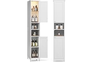 VASAGLE Tall Storage Cabinet with Lights, Slim Freestanding Cabinet with Adjustable Shelves, for Small Spaces, Bathroom, Livi