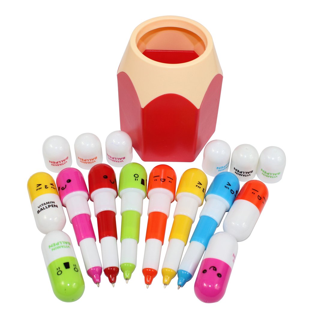 Abcsea 10PCS Vitamin Pill Ballpoint Pens with 1PCS Pen Holder, 10PCS Retractable Gift Ball Pen with Smiling Face Cute Cartoon Emotion (Random Colors), 1PCS Pen Container (Red)