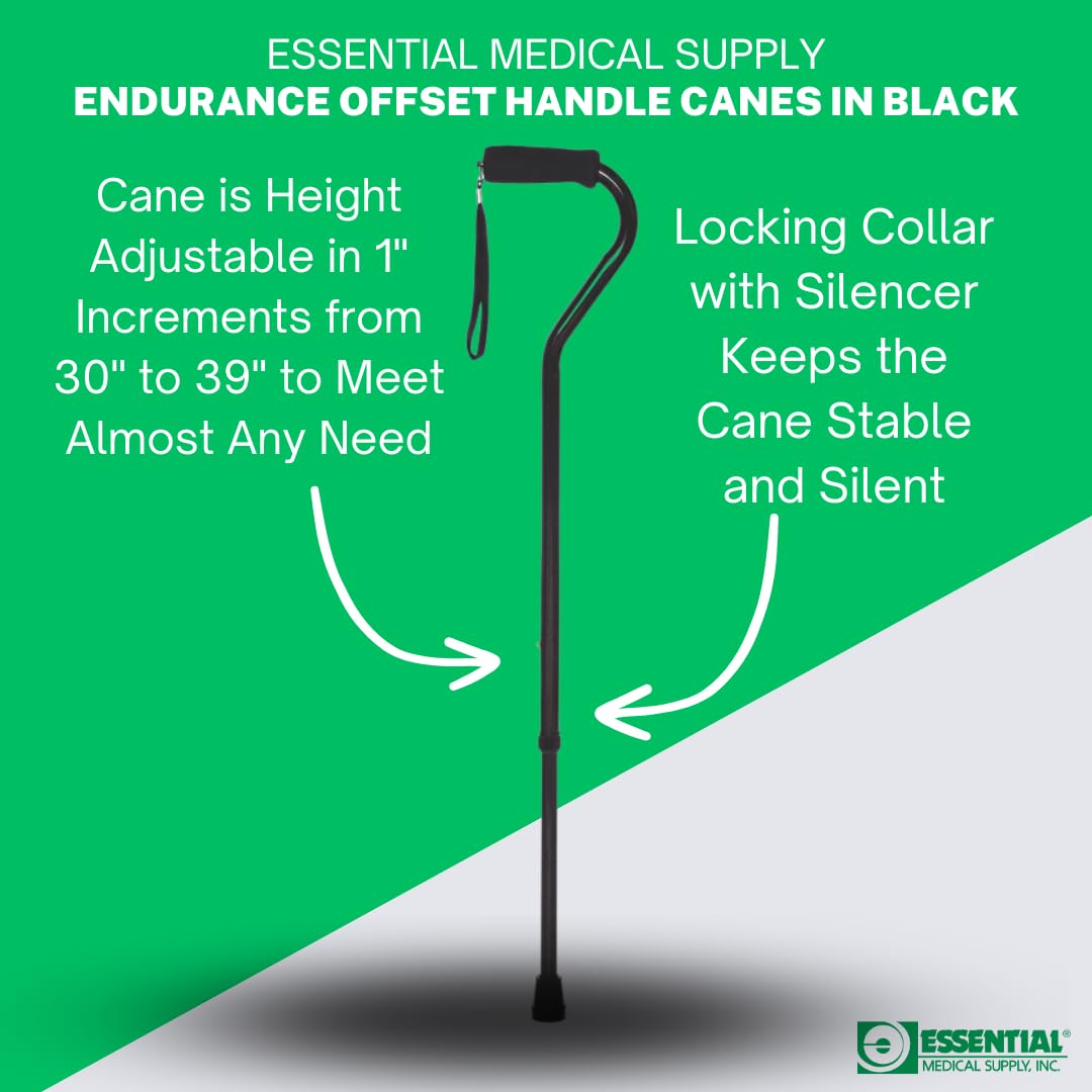 Essential Medical Supply Endurance Height Adjustable Offset Handle Walking Cane in Black with Soft Foam Grip and Wrist Strap - Sturdy Cane with 250lb Support and Stability for Adults and Seniors