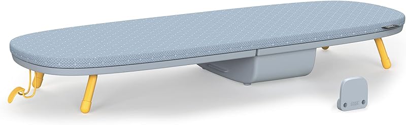 Pocket Planche à Repasser Pliante 90 x 33 cm avec Housse en Coton 100%, Rangement Compacte, Table Peu Encombrante, Porte-Fer Intégré, Gris/Jaune