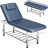 SyyBhb Professional Stationary Massage Table Height Adjustable, 550lbs Heavy Duty Exam Bed for Treatment, Backrest Adjustable, Bottom Shelf Storage, Blue
