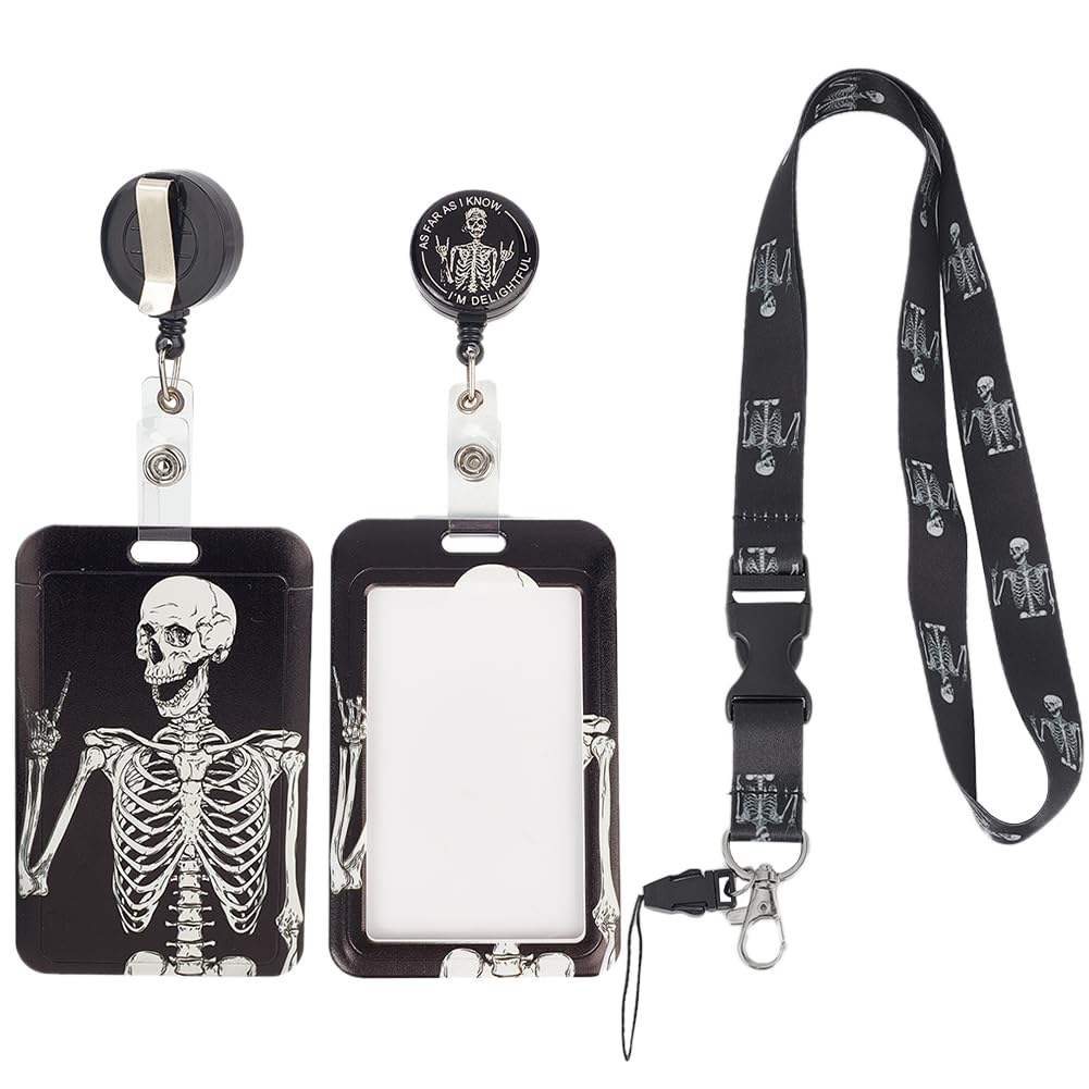 SUNNYCLUE 1 Box Gothic Badge Lanyard Skull Retractable Badge Reel Clip Badges Holder Horror Funny Skeleton Halloween Black ID Lanyard Name Tag Vertical ID Protector Breakaway for Men Women Teachers