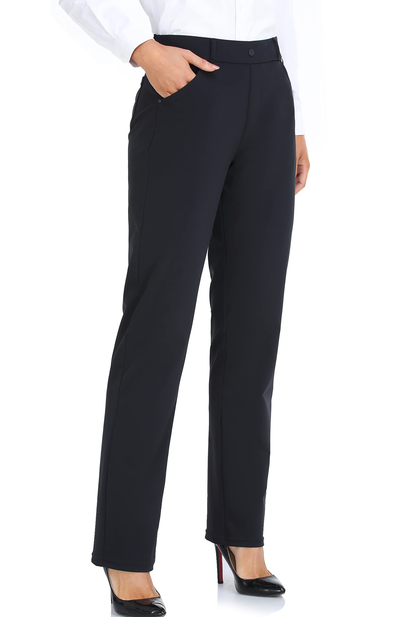 Photo 1 of Oalka Women's Dress Pants Straight Leg Yoga Work Stretchy Pant for Office Business Black Short XXL