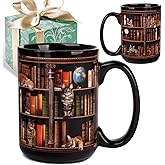 Puouoonyi Cat Book Coffee Mug Gifts for Book Lovers, Library Bookshelf Mug 15oz, Bookish Gifts for Bookworm Women Readers Writer Librarian, Birthday Gift Idea For Cat Lover