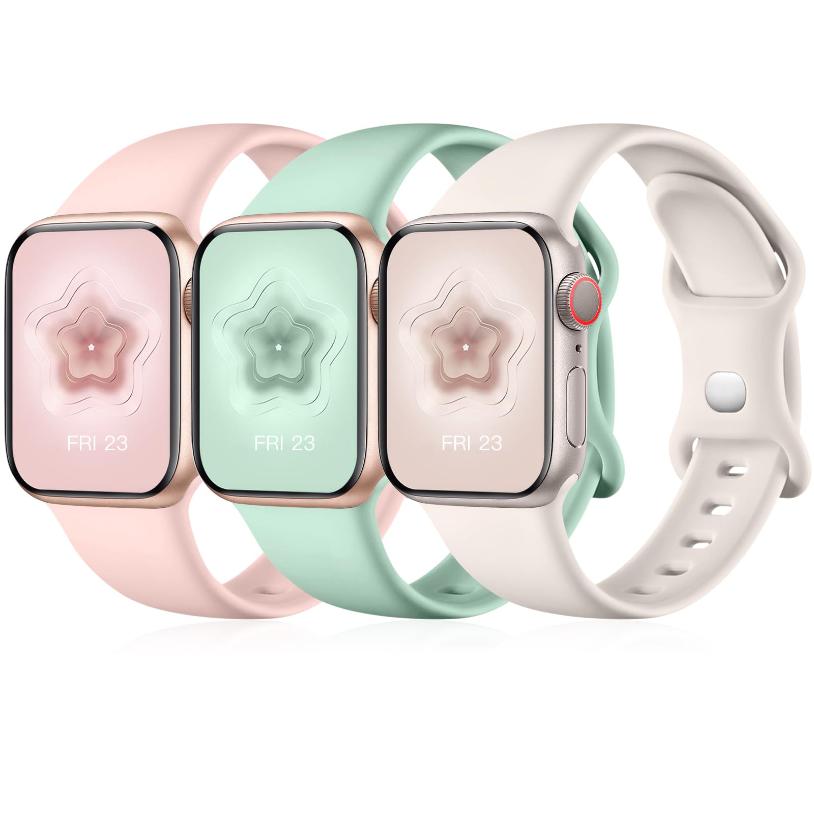 Maledan 3 Pack Straps Compatible with Apple Watch Straps 42mm 44mm 45mm 46mm 49mm for Women, Soft Silicone Replacement Band for iWatch Series 11 10 9 8 7 6 5 4 3 2 1 SE/SE3,Pink/LightGreen/Starlight