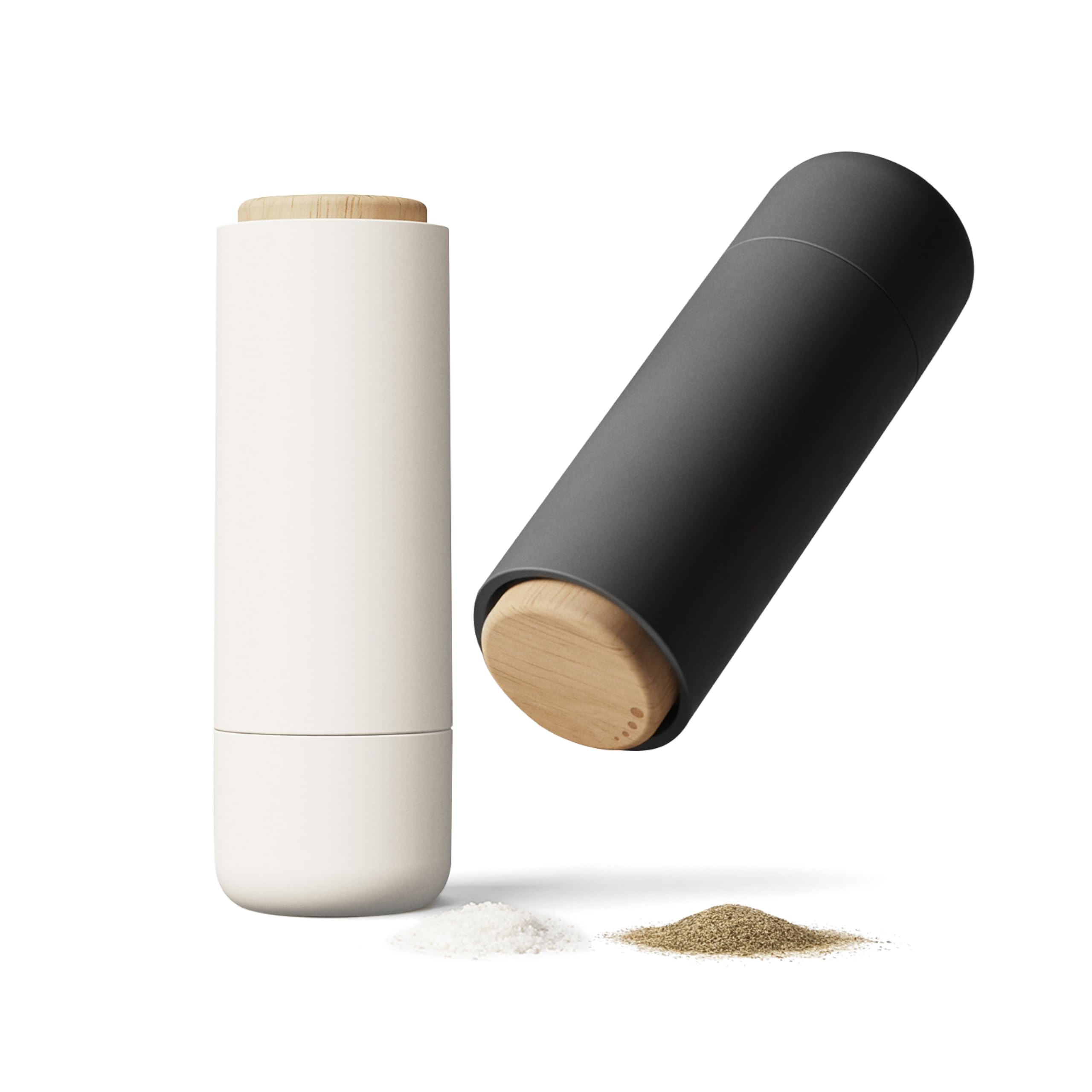 Photo 1 of LIBKEN Non-Spill Salt and Pepper Grinder Set - Adjustable Ceramic Grinder - Minimalistic Spice Mill - Easy to Refill Condiments Dispenser - Wood & Soft-Coated Plastic - 6.2 x 2.2 inch (White & Grey)