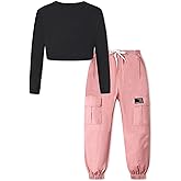 SANGTREE Girls Fall Winter Clothing Sets, Girls Long Sleeve Crop Top and Cargo Jogger Pants Outfit Set,4T-14 Years