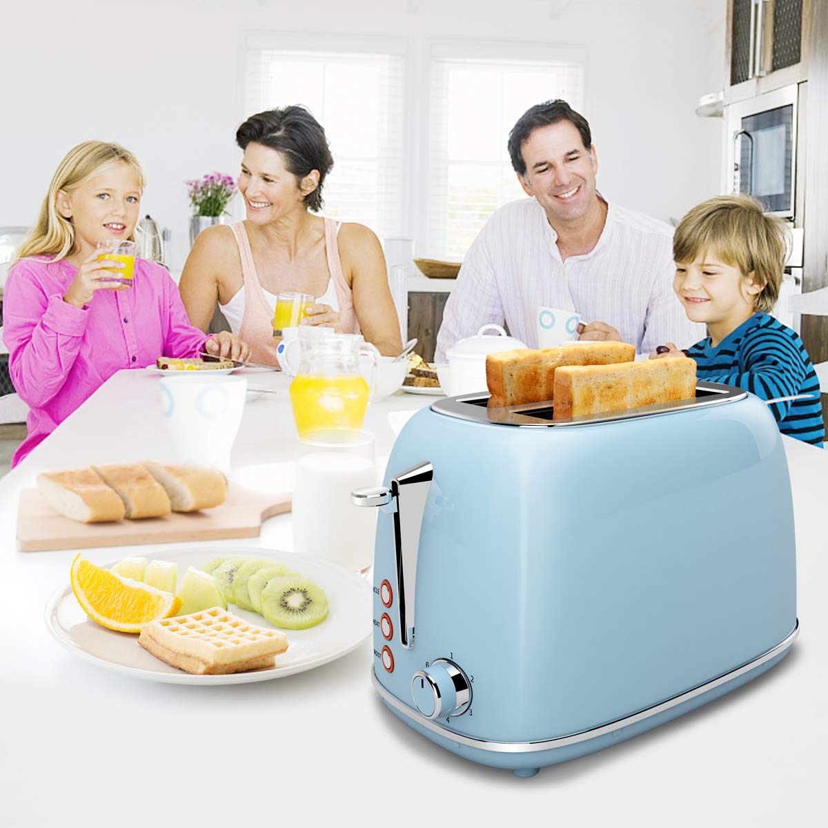 Toaster Edelstahl 2 Scheiben, morpilot Toaster mit Abnehmbarem Brötchenaufsatz und Herausnehmbarer Krümelschublade, 6 Bräunungsstufen | Auftaufunktion | Aufwärmfunktion, 815W, Blau