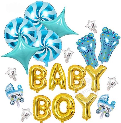 Set of Golden “BABY BOY” Letters/ Alphabets Foil Balloons, 3 Lollipop, 2 Big Blue Stars &amp; 5 Small Silver Stars, 2 Feet &amp; 2 Baby Car Balloons for Birthday Party &amp; Event Decoration (Set of 21 Balloons)