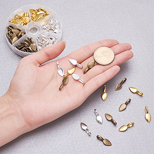 PandaHall Elite 100 Pcs Tibetan Style Alloy Glue on Flat Pad Bails Leaf Shape Pendants Charms Connector Hanger 21x8x6mm for Jewelry Making 3 Colors - Thumbnail 3
