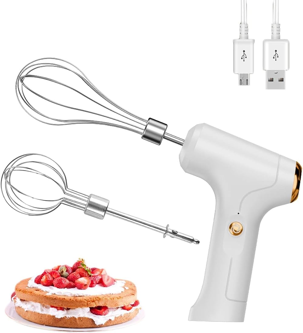 FIOUSY Electric Hand Whisk USB Rechargeable Wireless 3 Speed 2 Whisks White