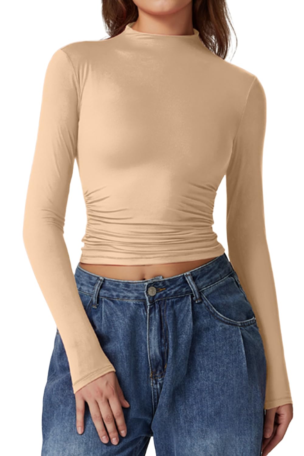 Photo 1 of *SHORT SLEEVE*________QINSEN Womens High Neck Crop Top Slimming Fit  Fall Winter Basic Tee Shirt Khaki XS