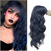 Tseses Blue Curly Wig with Bangs Long Women Wigs Wavy Blue Heat Resistant Synthetic Wigs for Women Daily Party Cosplay Halloween Use（Dark Blue）